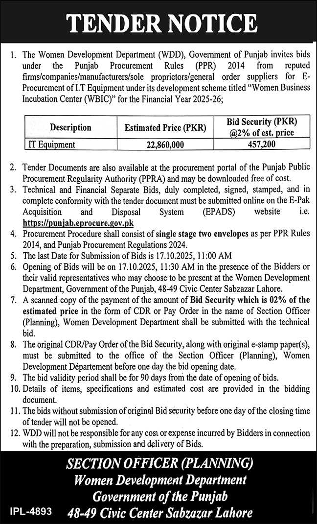 The Women Development Department Tender Notice